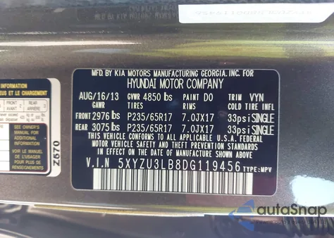 2013 Hyundai Santa Fe Sport из США, поврежденный, VIN 5XYZU3LB8DG119456